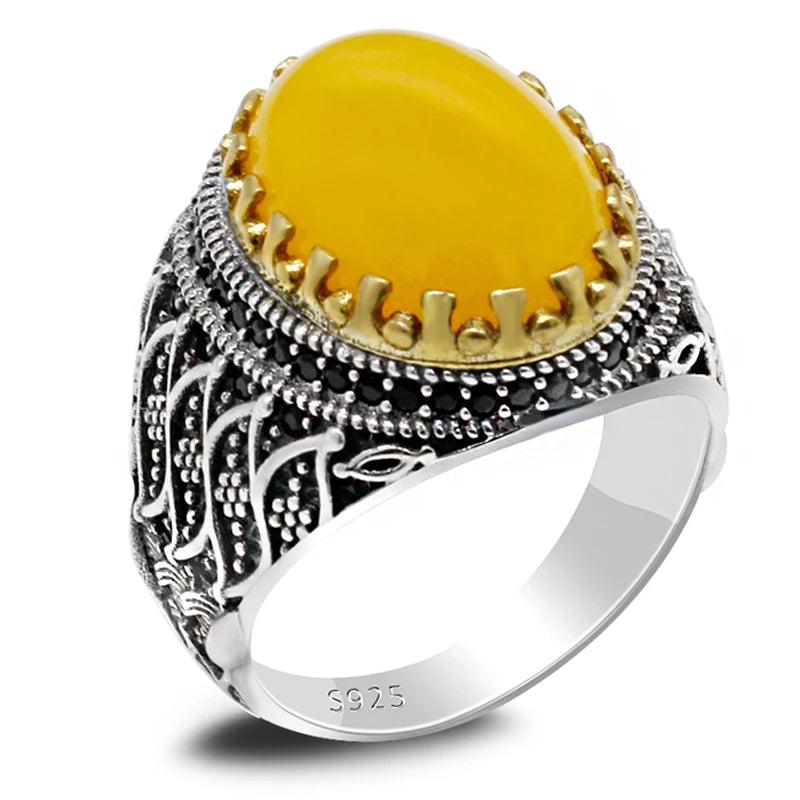 New product hot sale 925 sterling silver ring men's yellow agate ring unisex ring men's high jewelry