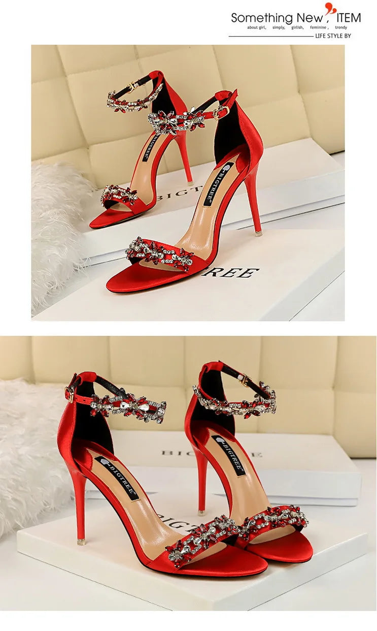 BIGTREE Shoes Open Toe Rhinestones Sandals Women 2023 New Designer Sexy High Heels Sandals Female Shoes Summer Heeled Sandals
