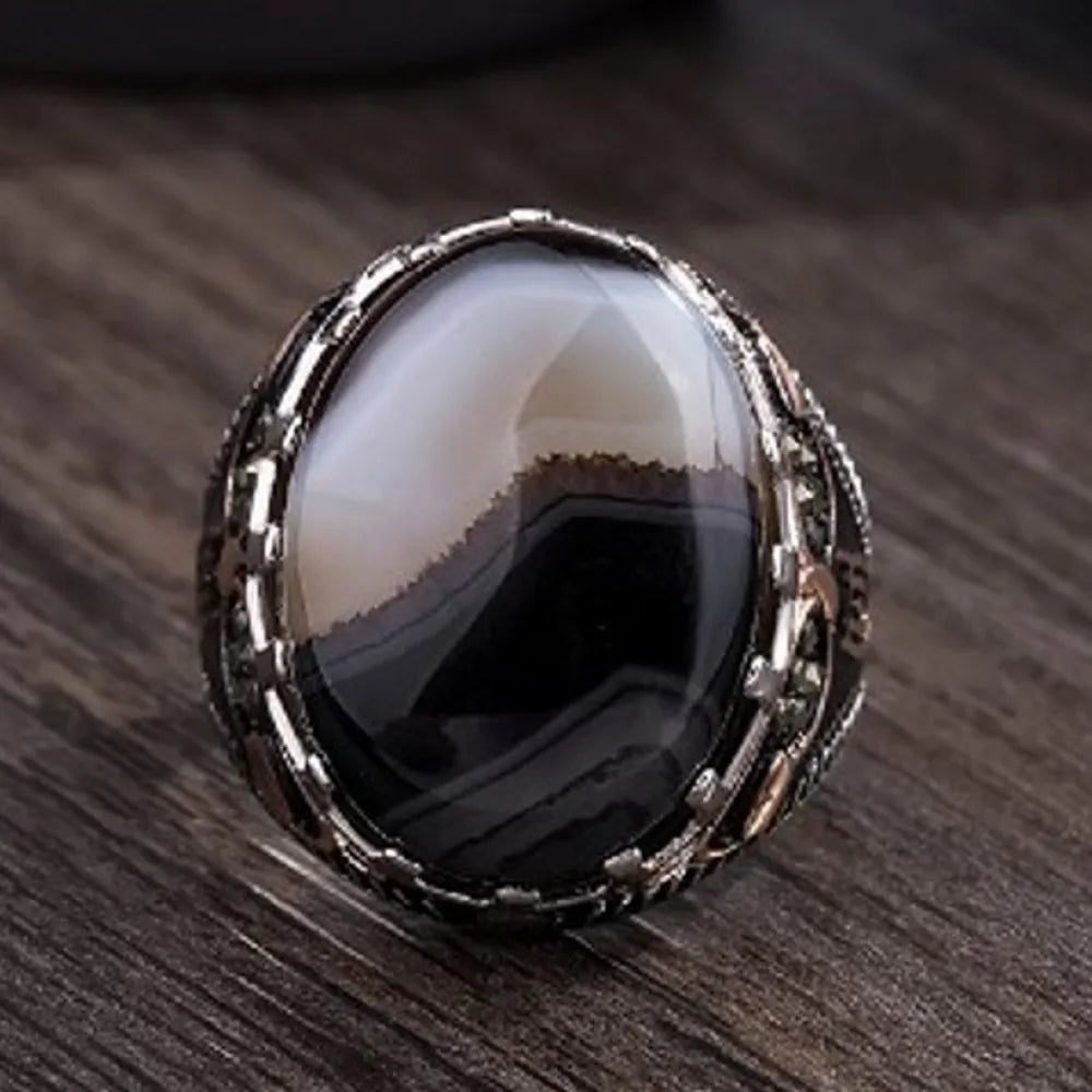 BOCAI New 100% real 925 Silver Ring for Men Natural Stone Flower Agate Ring Middle East Simple Jewelry S925 silver Men's Rings