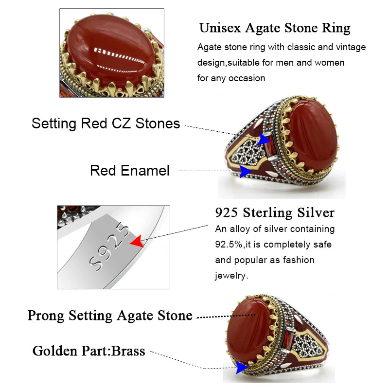 New Natural Red Agate Türkiye Men's 925 Sterling Silver Handmade Ring Aggressive Personality Attends Dinner High Quality Jewelry