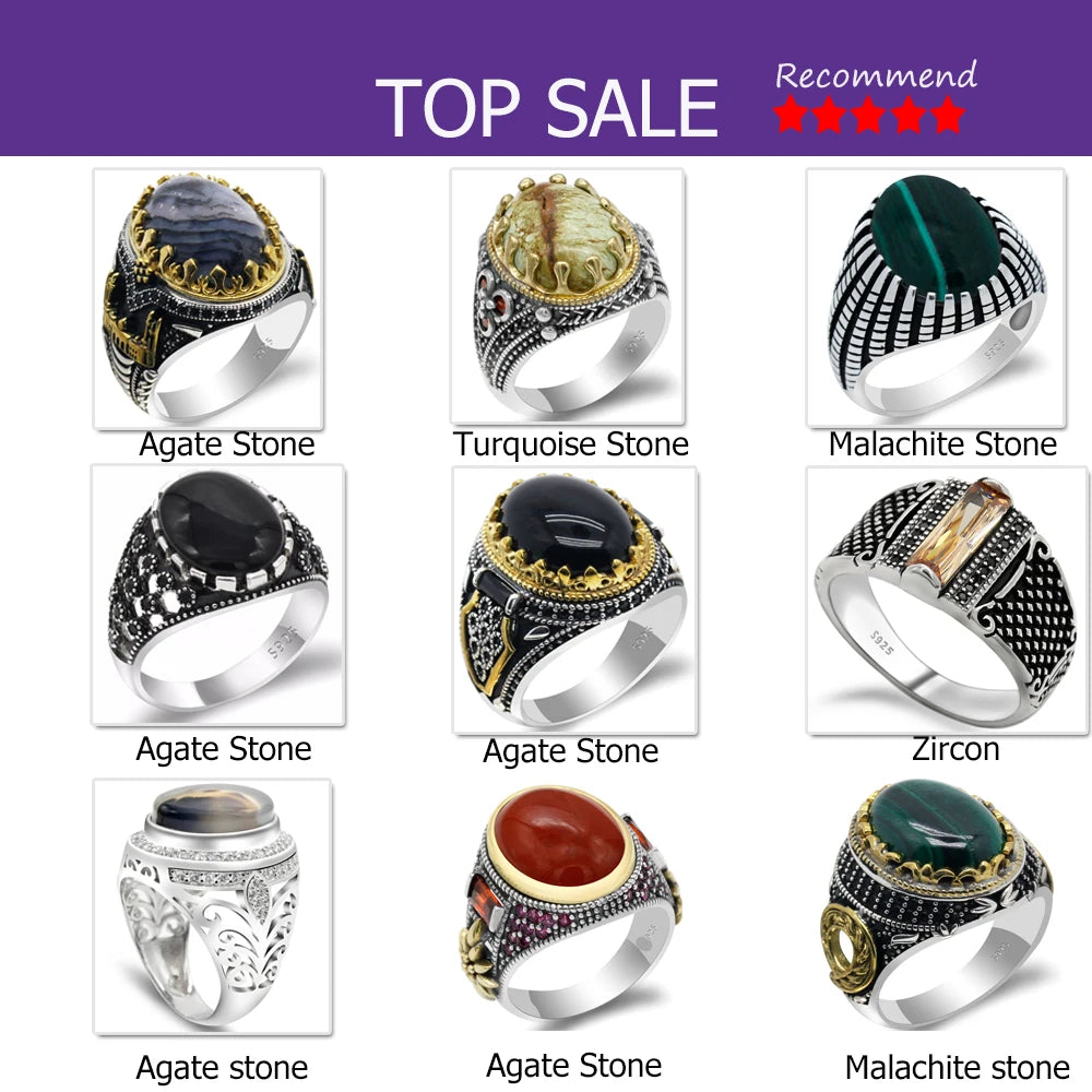 Black Natural Agate Stone Ring 925 Silver Men's Ring Castle Turkish Constantinople Auspicious Vintage Signet Ring Track Wedding