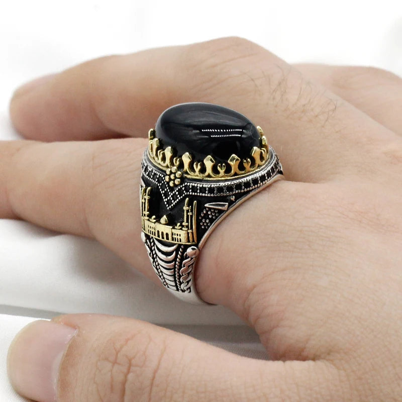 Black Natural Agate Stone Ring 925 Silver Men's Ring Castle Turkish Constantinople Auspicious Vintage Signet Ring Track Wedding