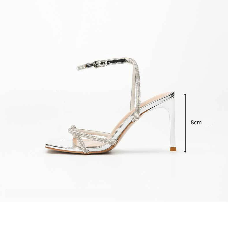 2023 Fashion Rhinestones Gladiator Silver High Heels Ankle Strap Strappy Sandals Women's Sexy Stiletto Party Bridal Shoes Summer