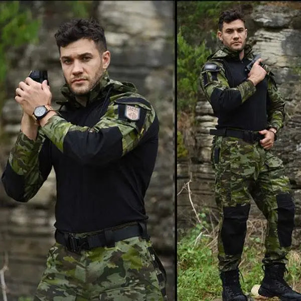outdoor Shirts Camo Combat T-Shirt Hooded Men Tactical Shirt Airsoft Paintball Cotton Hunting Clothing wear-resisting