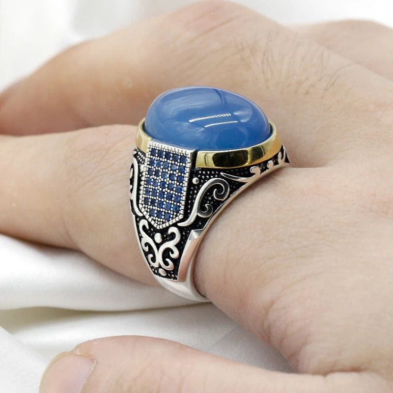 New Seven Color S925 Sterling Silver Antique Türkiye Blue Zircon and Agate Punk Rock Hand made Men's Ring Gift