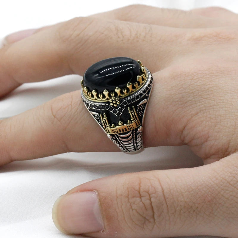 Black Natural Agate Stone Ring 925 Silver Men's Ring Castle Turkish Constantinople Auspicious Vintage Signet Ring Track Wedding