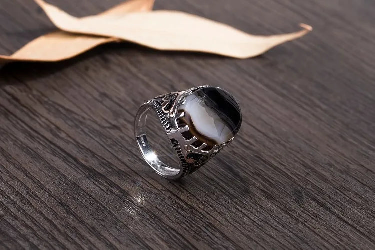 BOCAI New 100% real 925 Silver Ring for Men Natural Stone Flower Agate Ring Middle East Simple Jewelry S925 silver Men's Rings