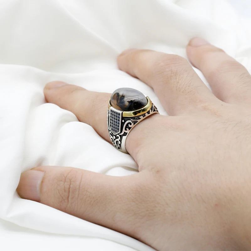 New Seven Color S925 Sterling Silver Antique Türkiye Blue Zircon and Agate Punk Rock Hand made Men's Ring Gift
