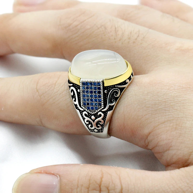 New Seven Color S925 Sterling Silver Antique Türkiye Blue Zircon and Agate Punk Rock Hand made Men's Ring Gift