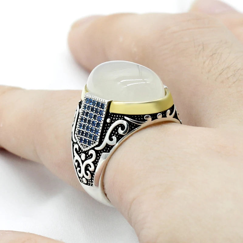 New Seven Color S925 Sterling Silver Antique Türkiye Blue Zircon and Agate Punk Rock Hand made Men's Ring Gift