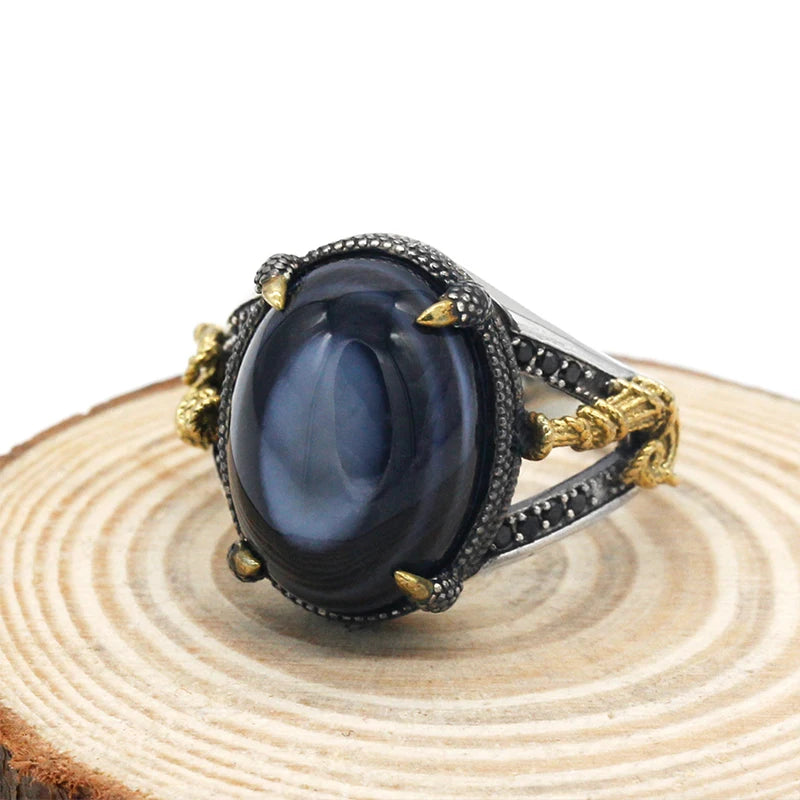 Solid 925 Sterling Silver Men Ring Evil Eyes Natural Agate Stone Parallel Zebra Line Black CZ Punk Style Ring for Men Turkey