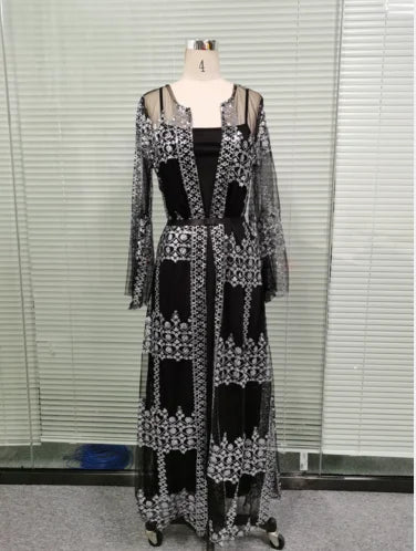 2024 Abaya Dubai Muslim Luxury Dress High Class Embroidery Lace Sequins Ramadan Kaftan Isla African Clothes 2 Piece Set