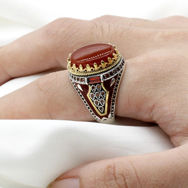 New Natural Red Agate Türkiye Men's 925 Sterling Silver Handmade Ring Aggressive Personality Attends Dinner High Quality Jewelry