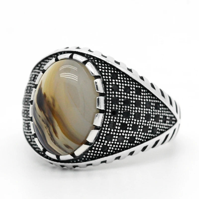 Real Natural Stone Ring Pure 925 Sterling Silver Ring For Men With Agate Stone Thai Silver Gear CZ Stone Turkish Party Jewelry