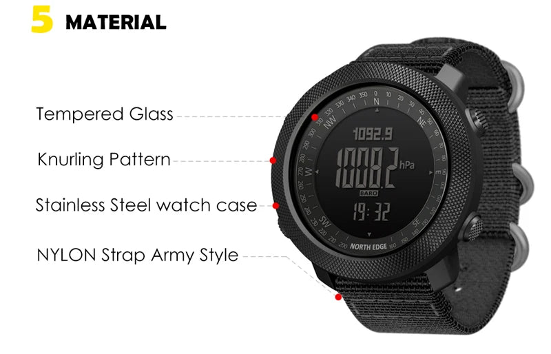 NORTH EDGE Mens Smart Watch Military Army Clock Compass Altimeter Barometer Pedometer Running Digital Smartwatch Waterproof 50m