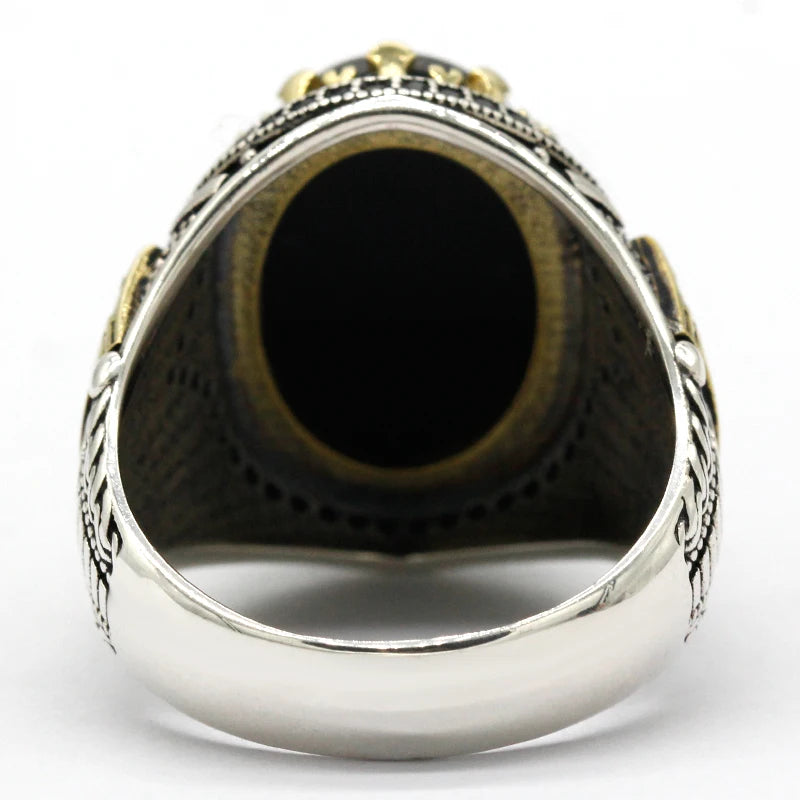 Black Natural Agate Stone Ring 925 Silver Men's Ring Castle Turkish Constantinople Auspicious Vintage Signet Ring Track Wedding