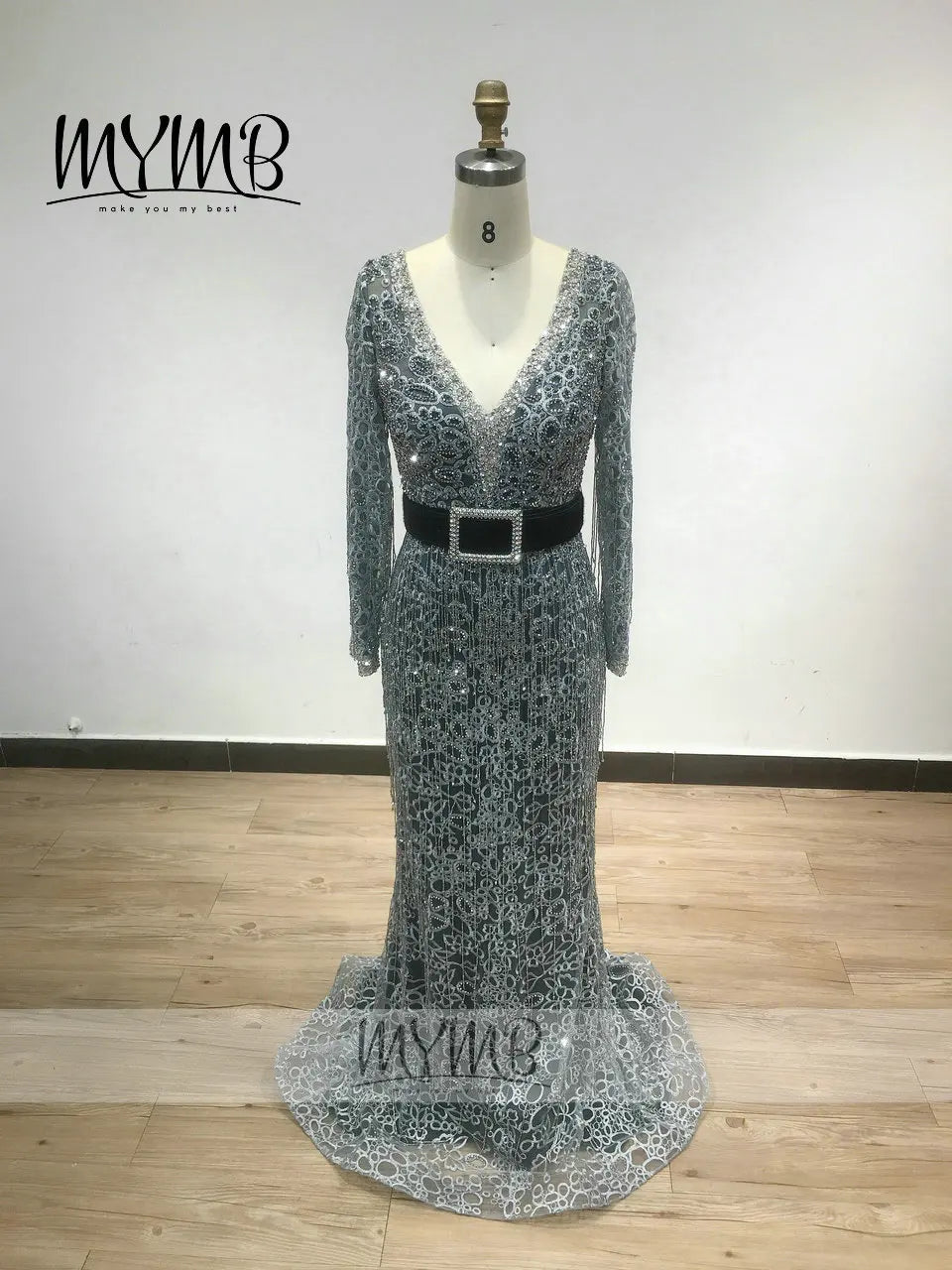 MYMB 2021 Long Sleeve V Neck Mother Dress Unique Fitted Grey Blue Lace Embroidery Wedding Party Evening Dress Tassel MY41128