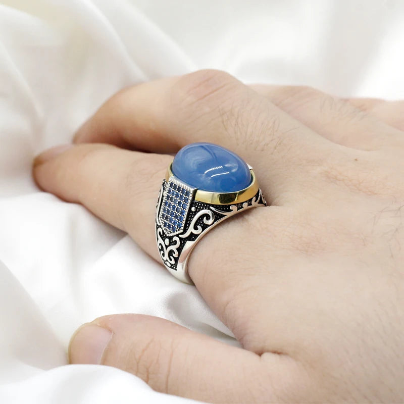 New Seven Color S925 Sterling Silver Antique Türkiye Blue Zircon and Agate Punk Rock Hand made Men's Ring Gift