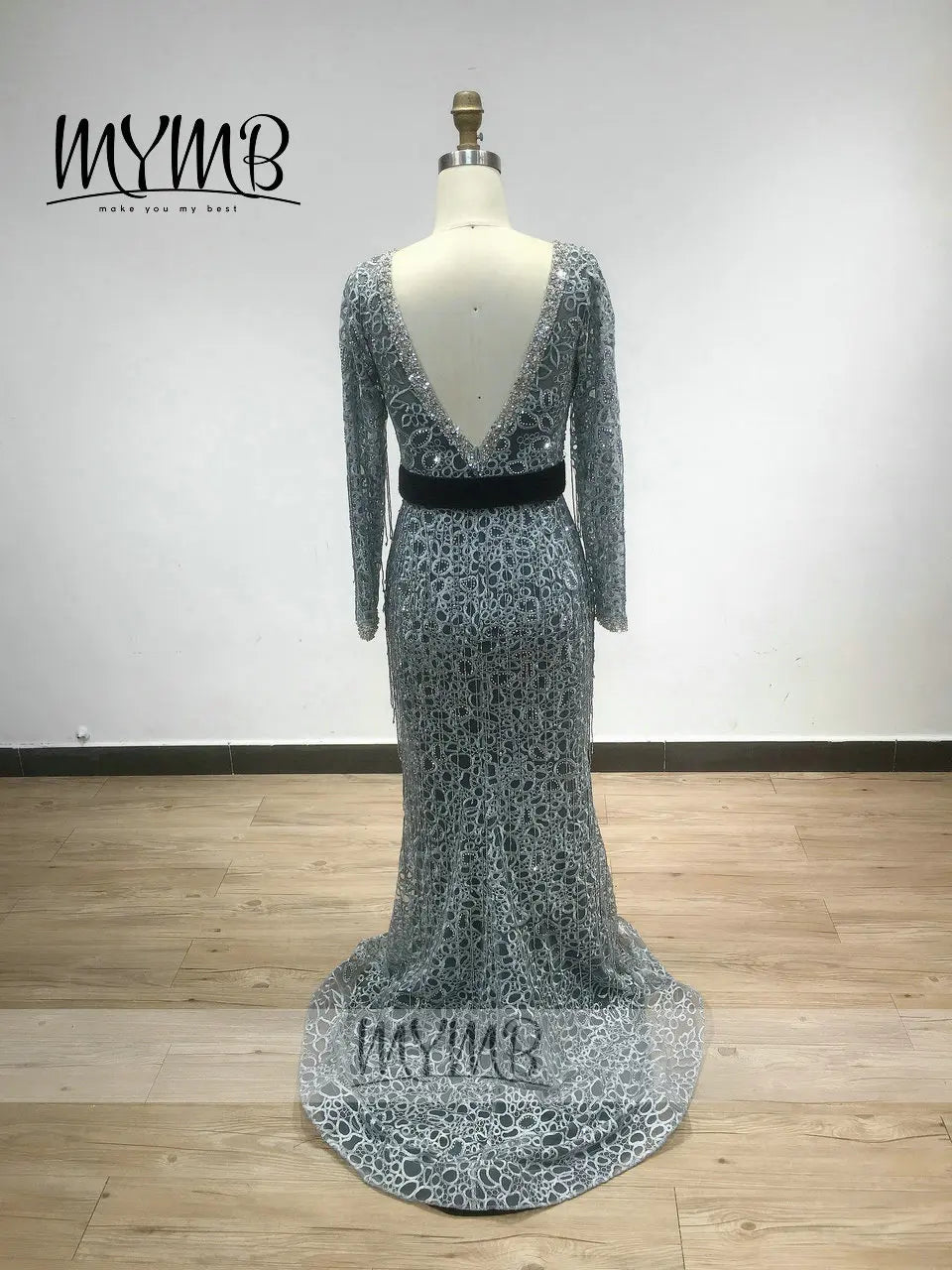 MYMB 2021 Long Sleeve V Neck Mother Dress Unique Fitted Grey Blue Lace Embroidery Wedding Party Evening Dress Tassel MY41128
