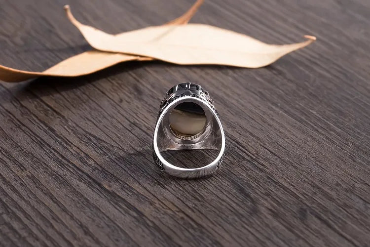 BOCAI New 100% real 925 Silver Ring for Men Natural Stone Flower Agate Ring Middle East Simple Jewelry S925 silver Men's Rings