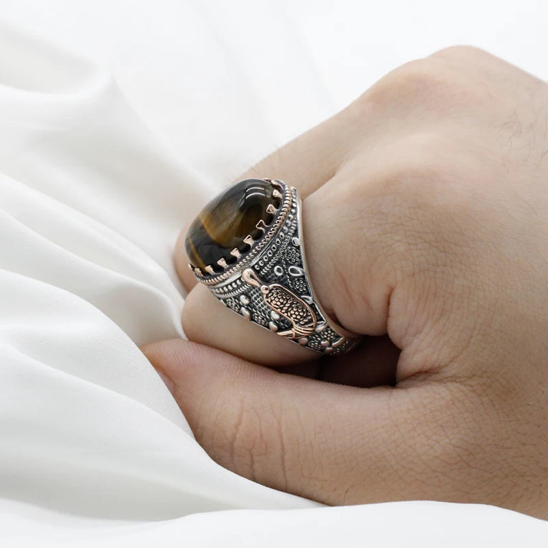 Pure 925 Sterling Silver Men's Ring Natural Tiger Eyes Stone Drip Gold Anchor Vintage Party RIng Turkey Jewelry Exquisite Ring