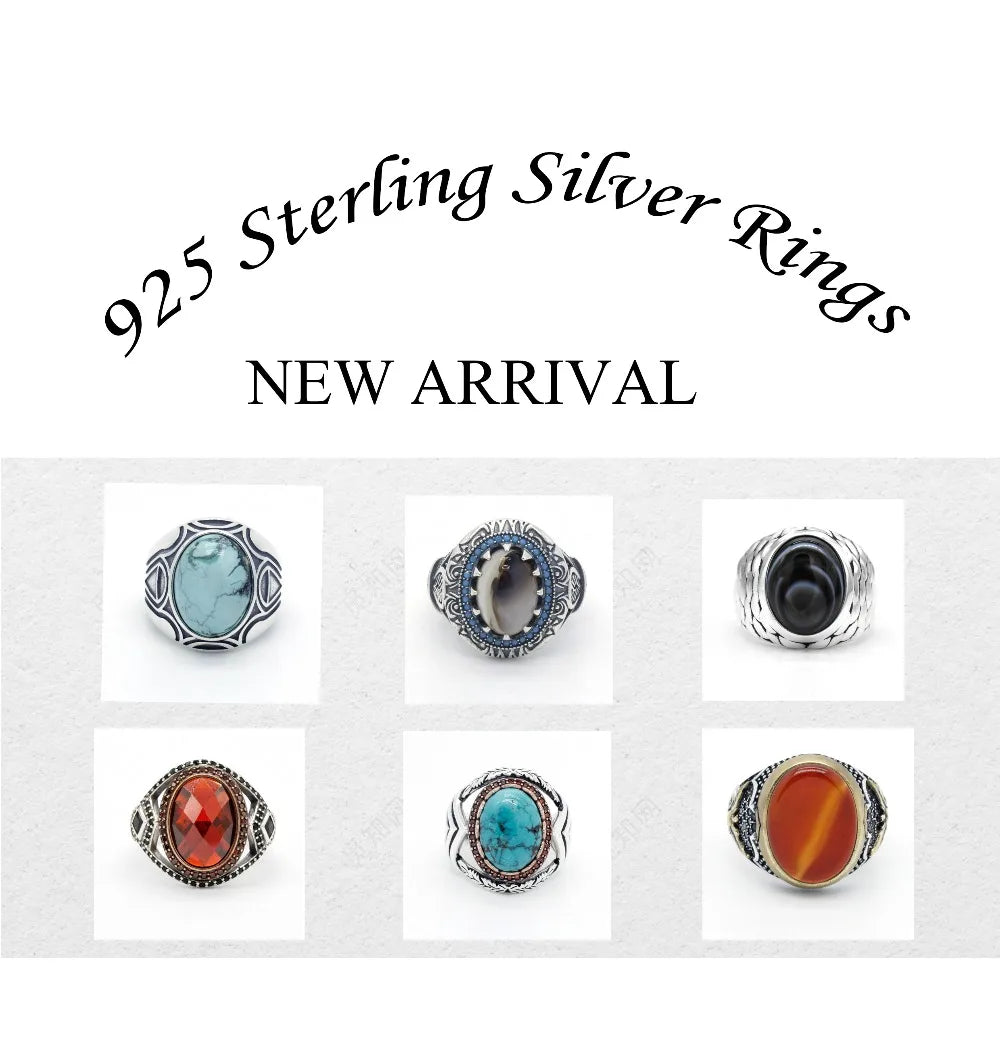 Real Natural Stone Ring Pure 925 Sterling Silver Ring For Men With Agate Stone Thai Silver Gear CZ Stone Turkish Party Jewelry