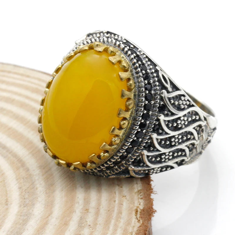 New product hot sale 925 sterling silver ring men's yellow agate ring unisex ring men's high jewelry