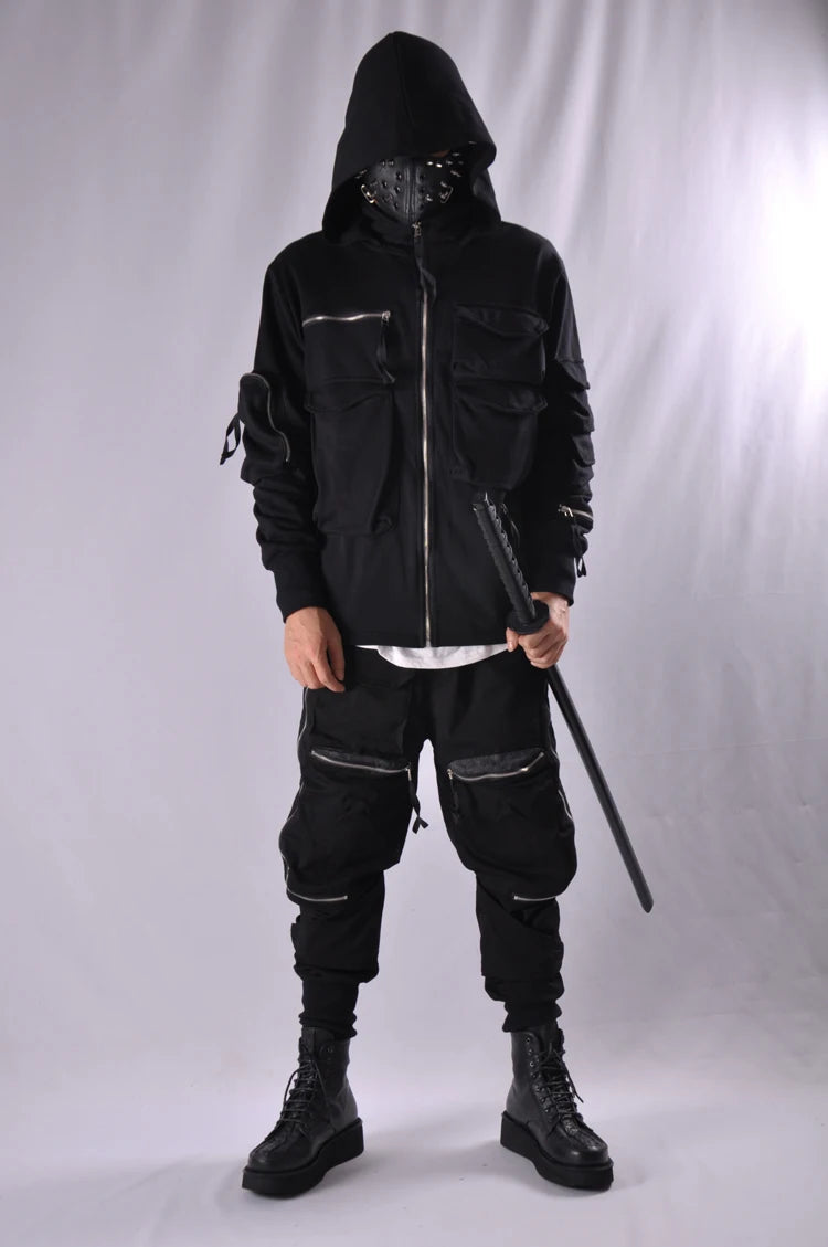 Guochao Dark Ninja clothes multi-pocket functional Hoodie Hoodie men's loose zipper jacket tactical hoodie
