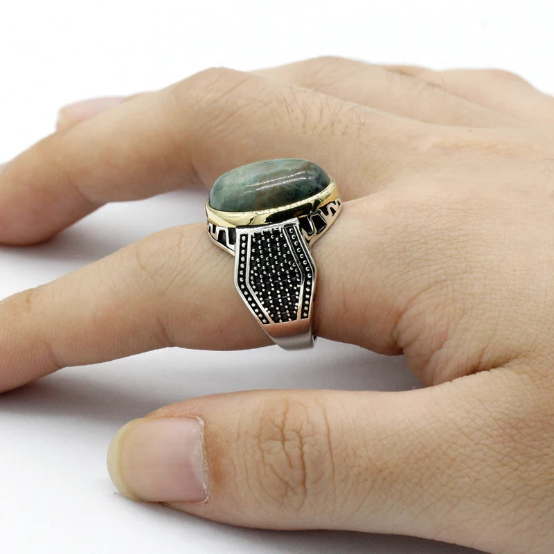 Natural Phoenix Stone Genuine 925 Sterling Silver Men Ring Irregular Zircon Handmade Turkey Ring Wedding Jewelry Gift for Women