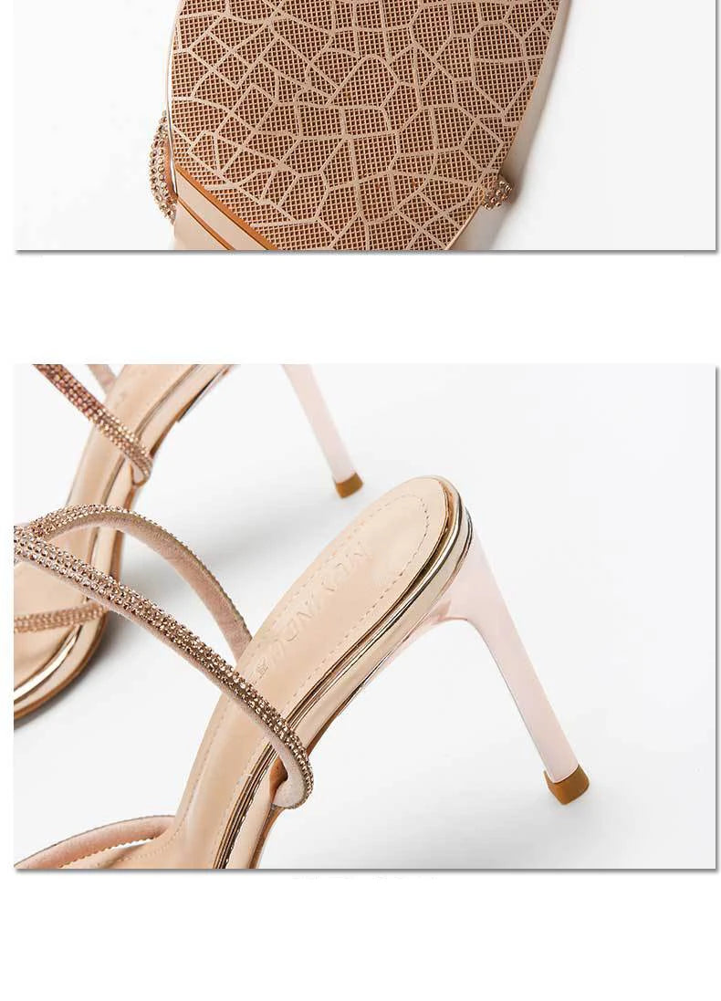 2023 Fashion Rhinestones Gladiator Silver High Heels Ankle Strap Strappy Sandals Women's Sexy Stiletto Party Bridal Shoes Summer
