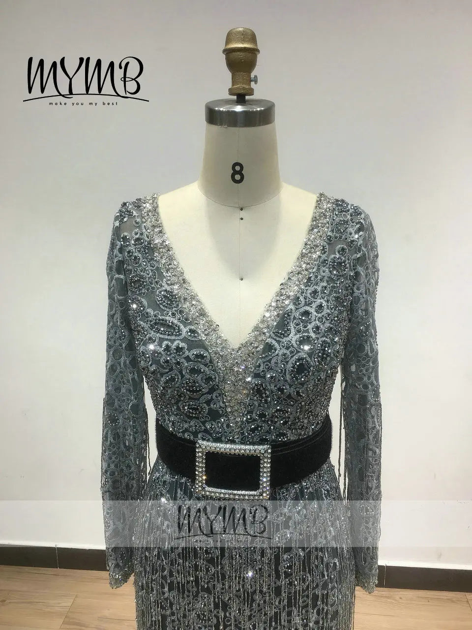 MYMB 2021 Long Sleeve V Neck Mother Dress Unique Fitted Grey Blue Lace Embroidery Wedding Party Evening Dress Tassel MY41128