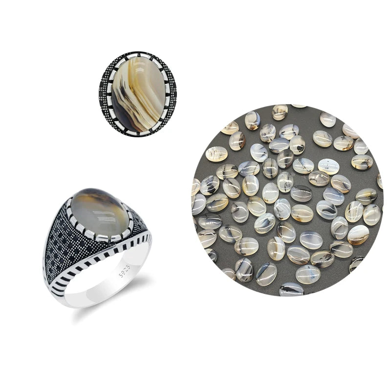 Real Natural Stone Ring Pure 925 Sterling Silver Ring For Men With Agate Stone Thai Silver Gear CZ Stone Turkish Party Jewelry