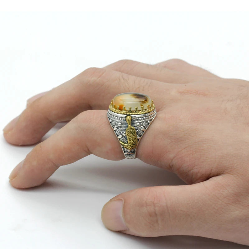 Hot 925 Sterling Silver Ring Turkish Jewelry Ocean Onyx Stone Ring Transparent Black Men's Ring High Jewelry