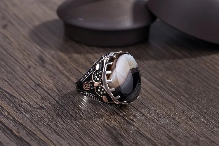 BOCAI New 100% real 925 Silver Ring for Men Natural Stone Flower Agate Ring Middle East Simple Jewelry S925 silver Men's Rings