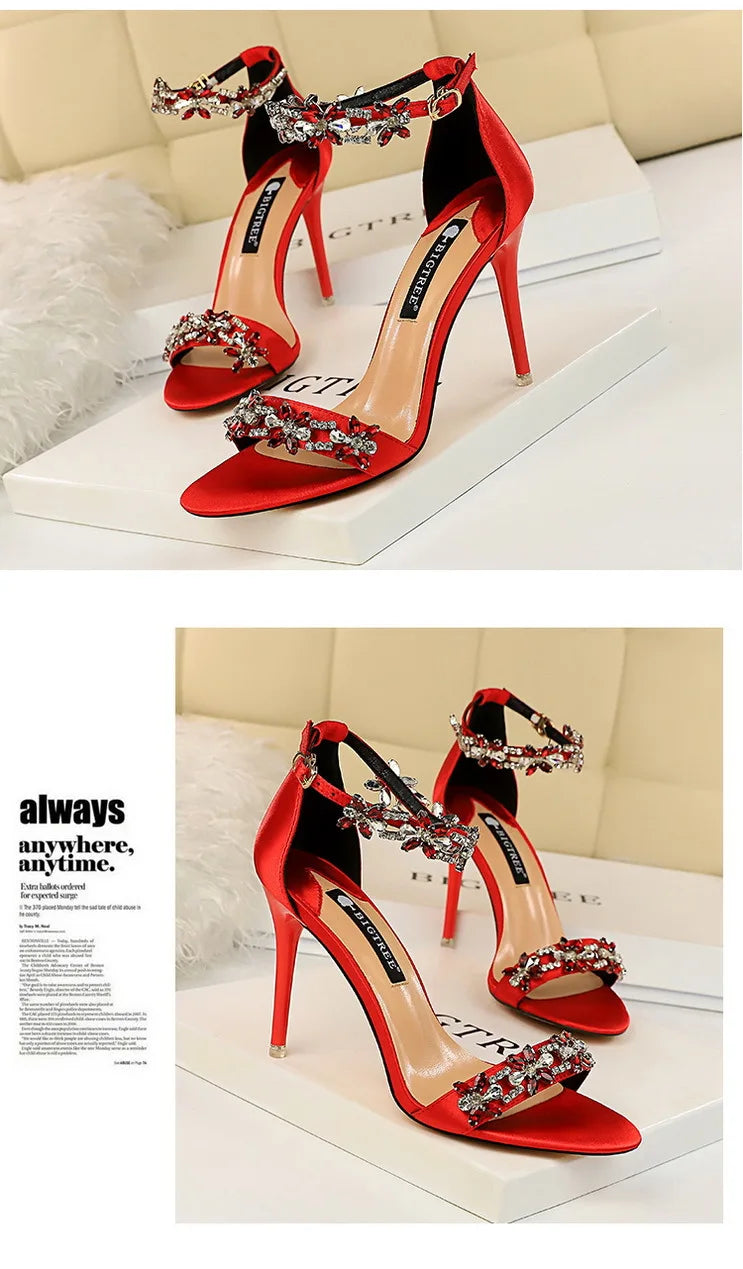 BIGTREE Shoes Open Toe Rhinestones Sandals Women 2023 New Designer Sexy High Heels Sandals Female Shoes Summer Heeled Sandals
