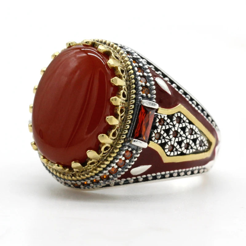 New Natural Red Agate Türkiye Men's 925 Sterling Silver Handmade Ring Aggressive Personality Attends Dinner High Quality Jewelry