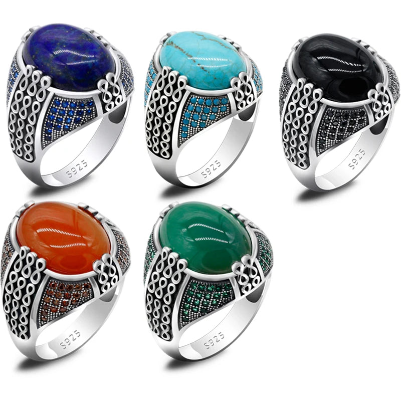 Solid 925 Sterling Silver Men Ring Evil Eyes Natural Agate Stone Parallel Zebra Line Black CZ Punk Style Ring for Men Turkey