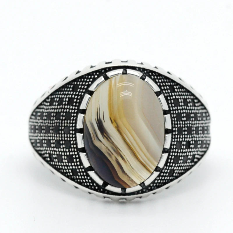 Real Natural Stone Ring Pure 925 Sterling Silver Ring For Men With Agate Stone Thai Silver Gear CZ Stone Turkish Party Jewelry