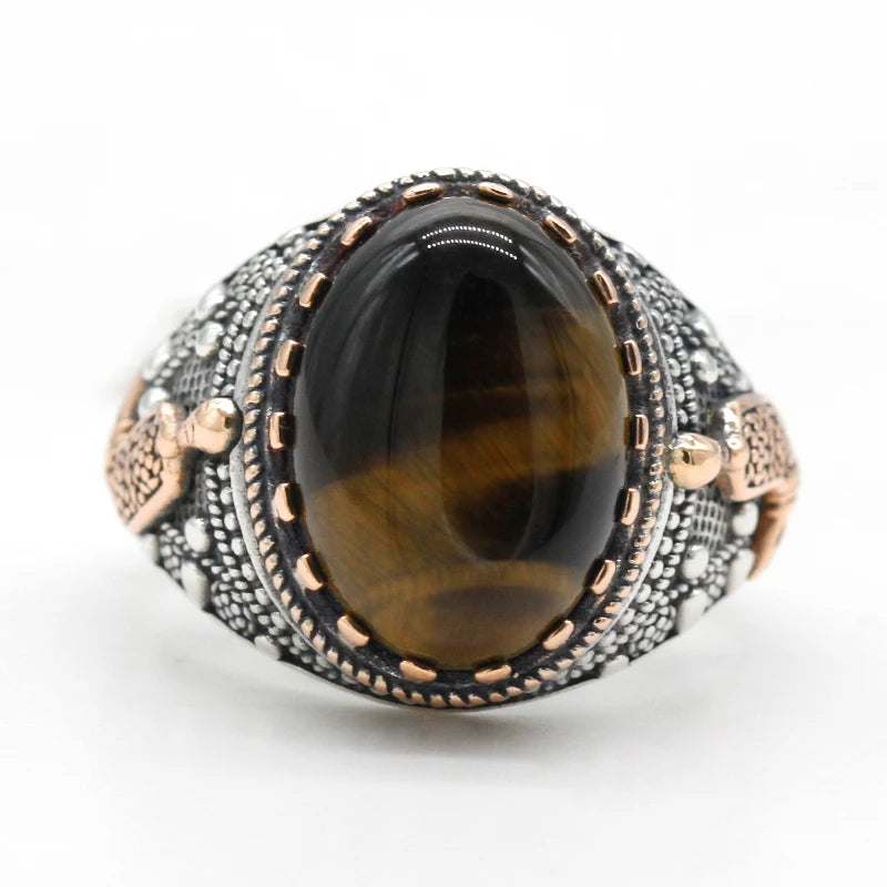 Pure 925 Sterling Silver Men's Ring Natural Tiger Eyes Stone Drip Gold Anchor Vintage Party RIng Turkey Jewelry Exquisite Ring