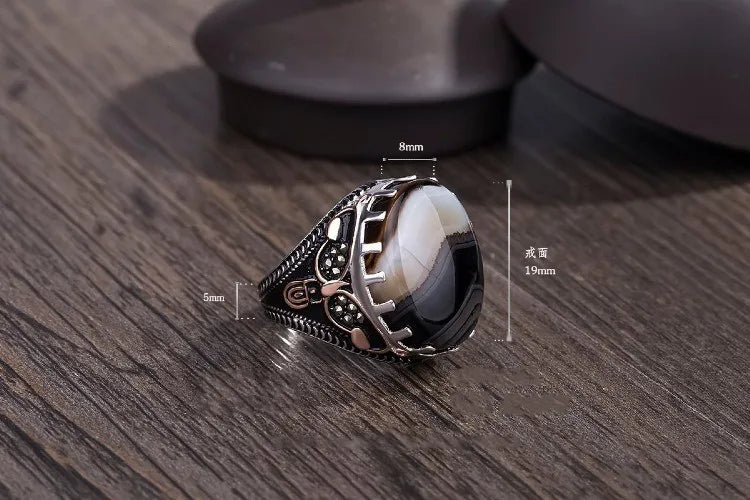 BOCAI New 100% real 925 Silver Ring for Men Natural Stone Flower Agate Ring Middle East Simple Jewelry S925 silver Men's Rings