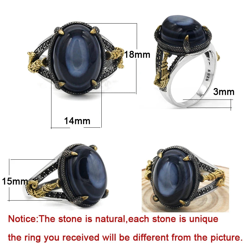 Solid 925 Sterling Silver Men Ring Evil Eyes Natural Agate Stone Parallel Zebra Line Black CZ Punk Style Ring for Men Turkey