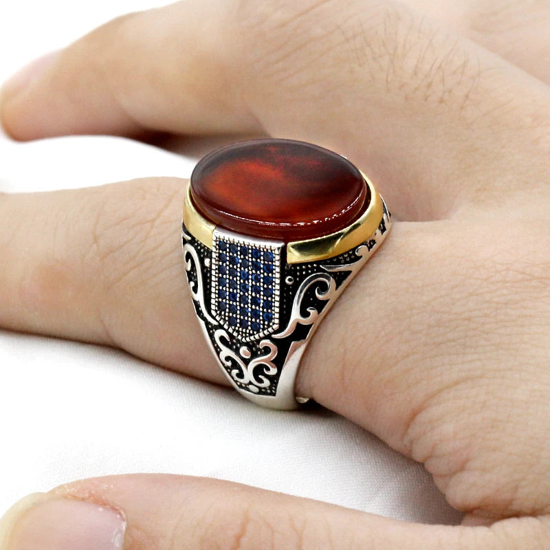 New Seven Color S925 Sterling Silver Antique Türkiye Blue Zircon and Agate Punk Rock Hand made Men's Ring Gift