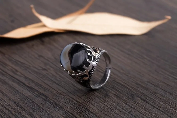 BOCAI New 100% real 925 Silver Ring for Men Natural Stone Flower Agate Ring Middle East Simple Jewelry S925 silver Men's Rings