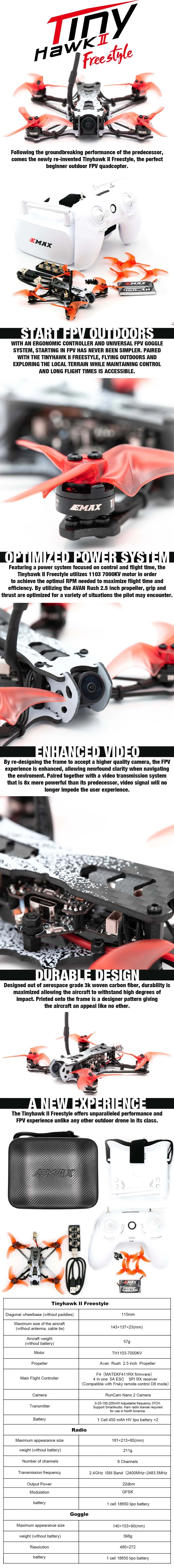 EMAX Tinyhawk II Freestyle 115mm 2.5 inch F4 5A ESC FPV Racing RC Drone RTF / BNF Version with Remote Control / Fpv Goggle