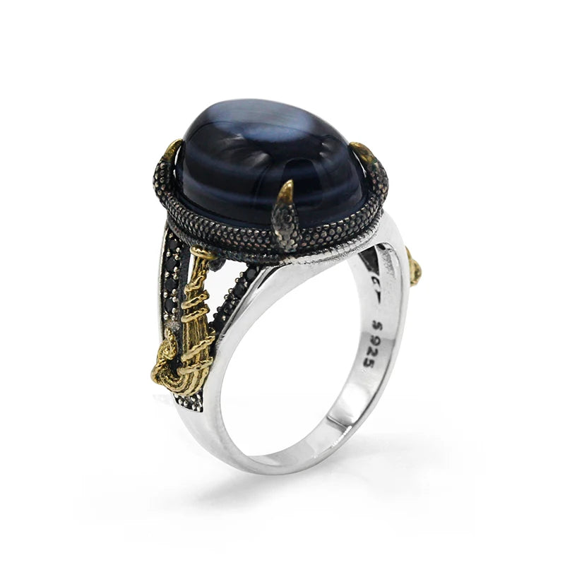 Solid 925 Sterling Silver Men Ring Evil Eyes Natural Agate Stone Parallel Zebra Line Black CZ Punk Style Ring for Men Turkey