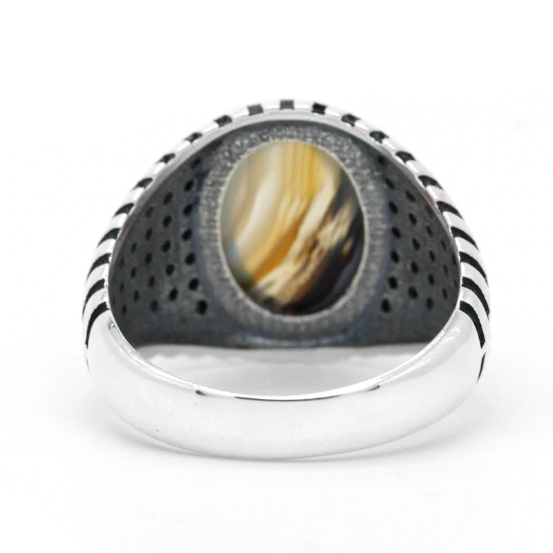 Real Natural Stone Ring Pure 925 Sterling Silver Ring For Men With Agate Stone Thai Silver Gear CZ Stone Turkish Party Jewelry