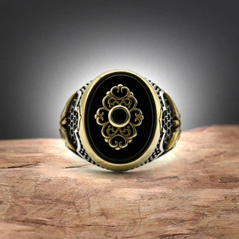 New Seven Color S925 Sterling Silver Antique Türkiye Blue Zircon and Agate Punk Rock Hand made Men's Ring Gift