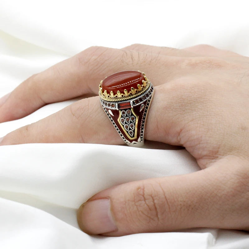 New Natural Red Agate Türkiye Men's 925 Sterling Silver Handmade Ring Aggressive Personality Attends Dinner High Quality Jewelry