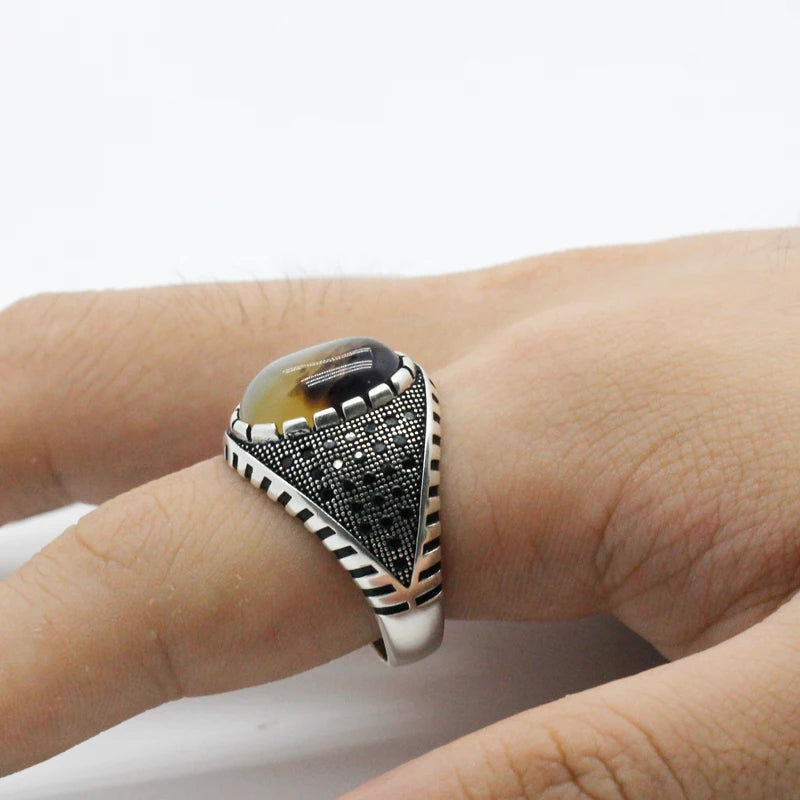 Real Natural Stone Ring Pure 925 Sterling Silver Ring For Men With Agate Stone Thai Silver Gear CZ Stone Turkish Party Jewelry