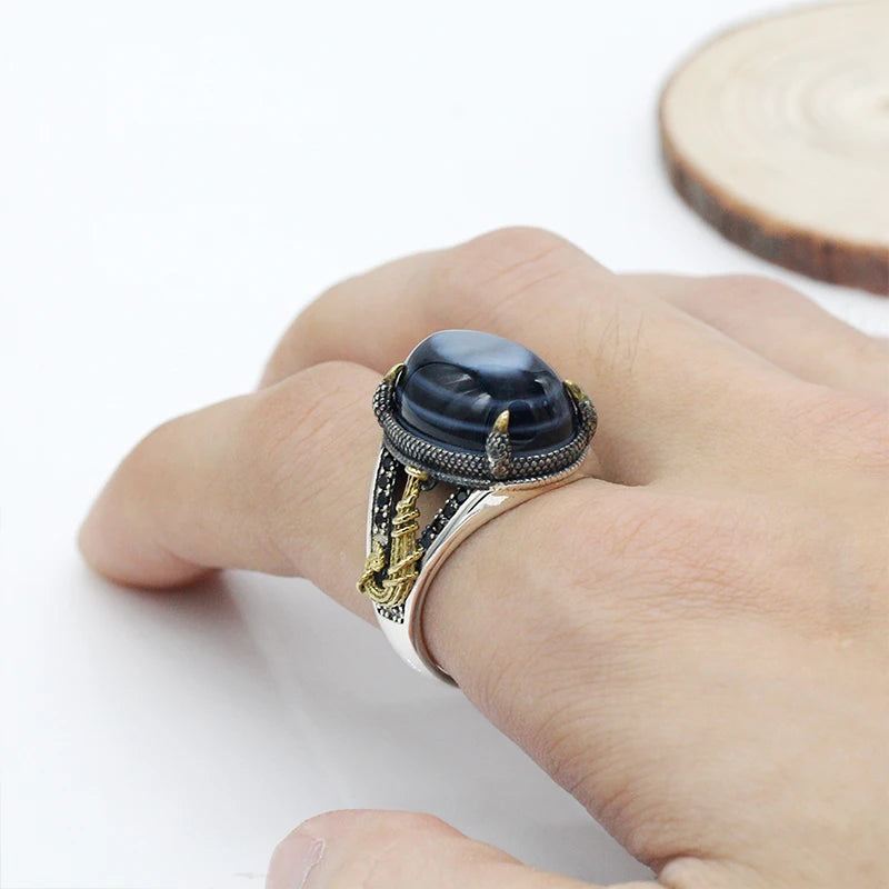 Solid 925 Sterling Silver Men Ring Evil Eyes Natural Agate Stone Parallel Zebra Line Black CZ Punk Style Ring for Men Turkey